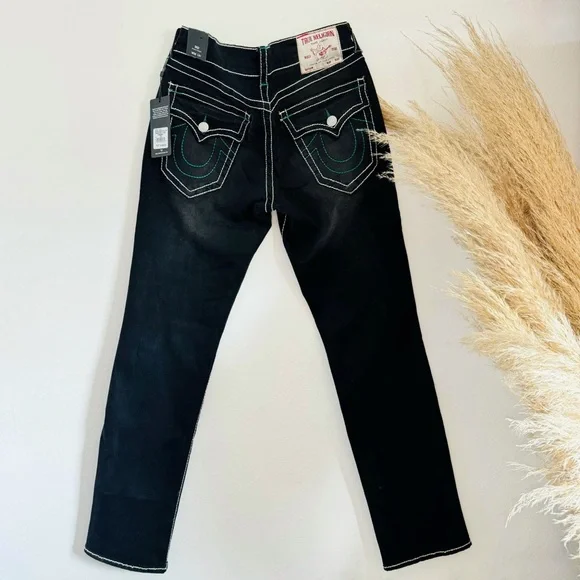 NEW TRUE RELIGION MENS Black White Ricky Relaxed Straight Leg Denim Jeans 30